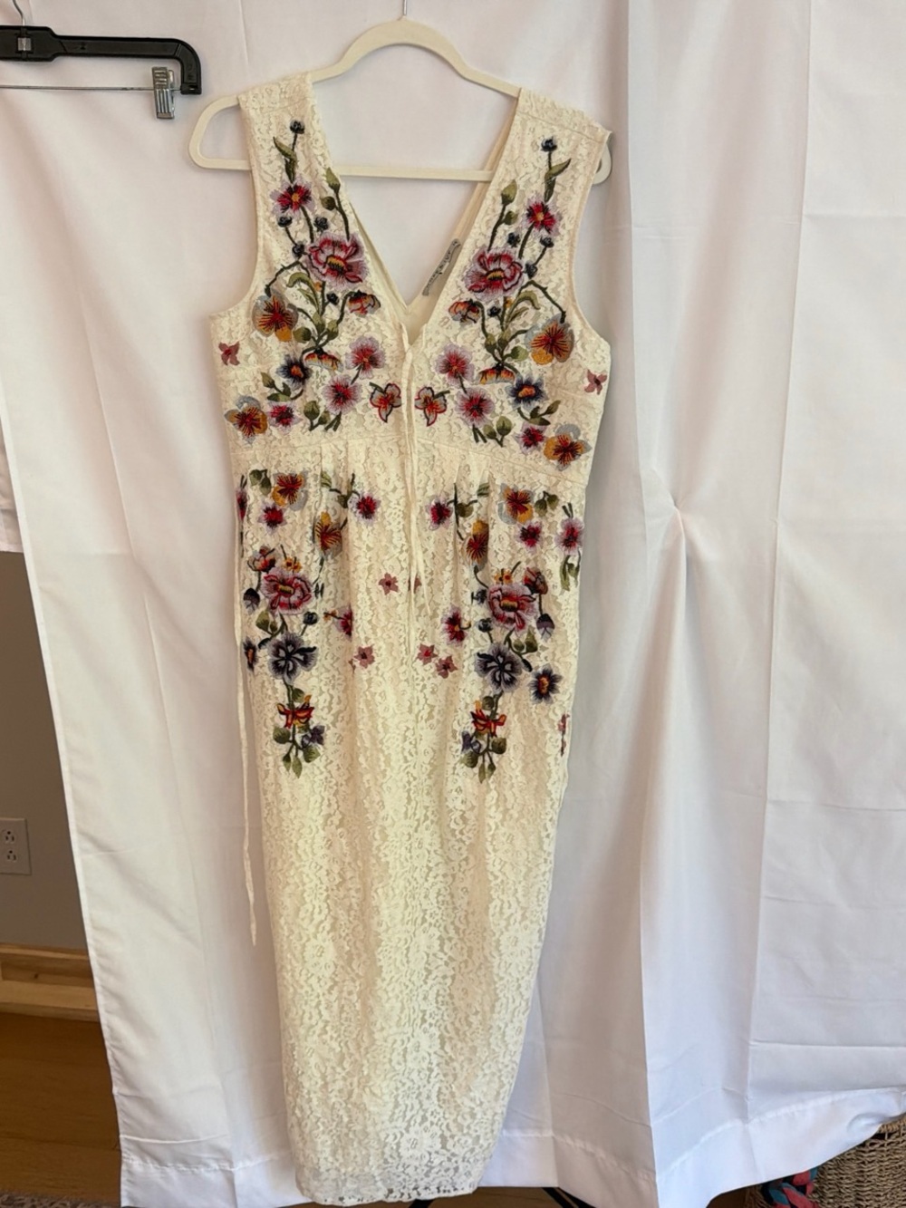 Ivory Lace Maxi Dress with Multicolor Floral Embroidery